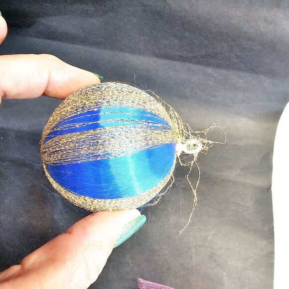 Vintage Pyramid Satin Rayon Christmas Ornaments set 5 Unbreakable Blue & Gold - Picture 4 of 11